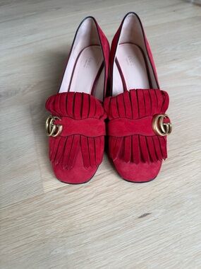 Gucci Red Suede Kiltie Loafers with Gold GG